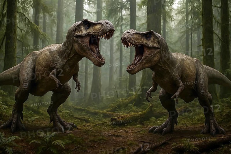 Two Tyrannosaurus rex (Theropoda) threatening turf battle in a prehistoric forest, symbol dinosaur, dinosaur, extinct, animal world, prehistoric, AI generated, AI generated