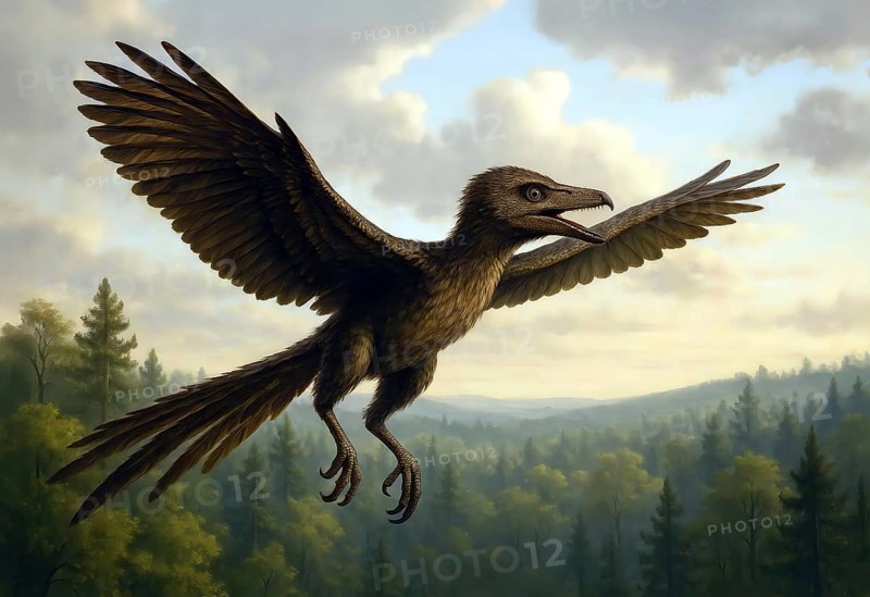 An archaeopteryx, a prehistoric bird, flies over a prehistoric forest landscape, symbol dinosaur, extinct, fossil, prehistoric, animal world, AI generated