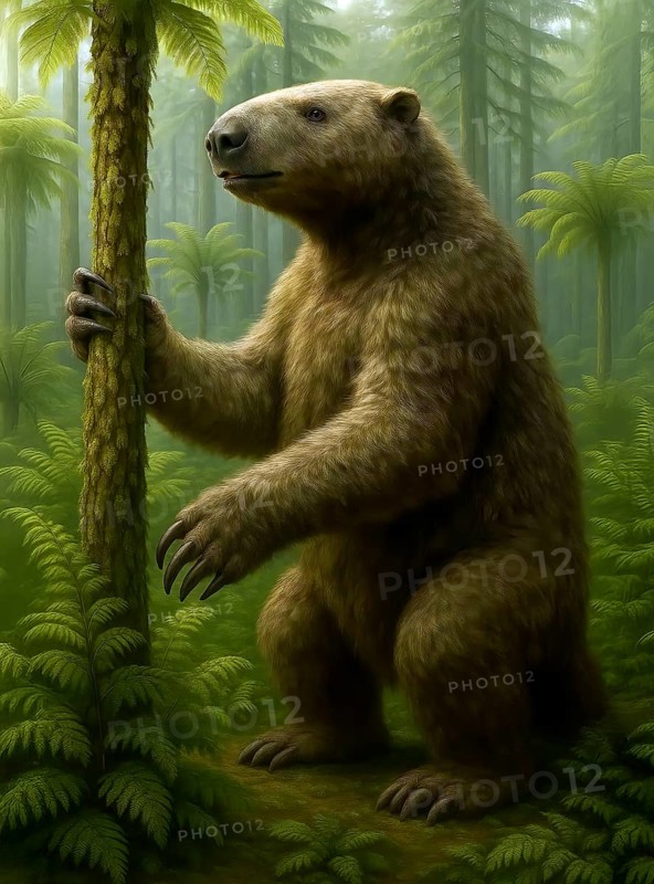 A giant sloth, a megatherium, in a prehistoric forest of ferns, symbol prehistoric, sloth, animal world, extinct, fossil, Mylodon, AI generated, AI generated