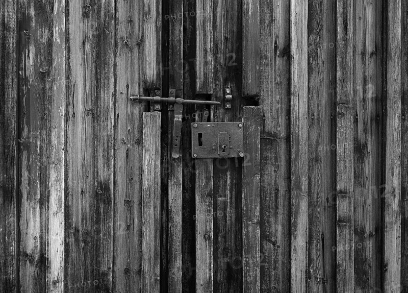 Wooden gate, wooden gate, locked, castle, Bietigheim-Bissingen, black and white, Baden-Württemberg, Germany
