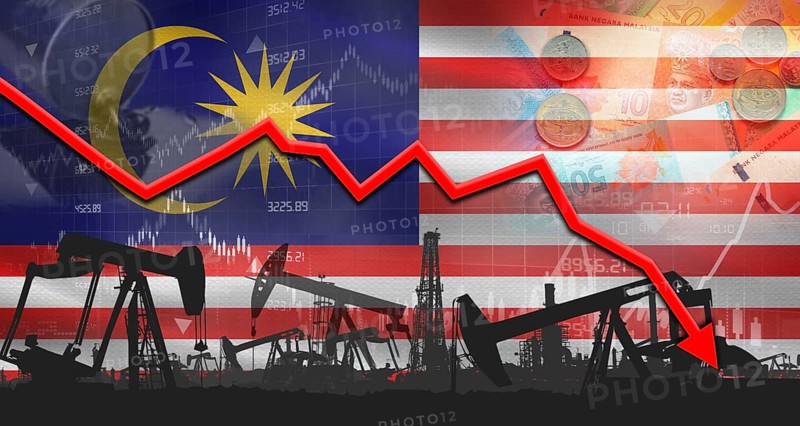 Fall oil price with Malaysian flag on economic chart, Petrol crisis with Malaysian flag on financial graph
