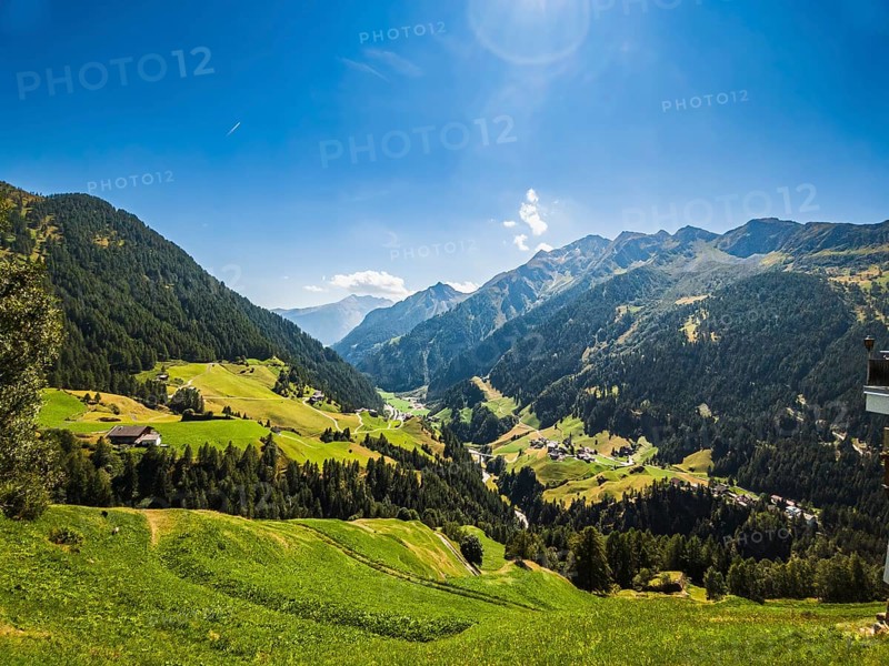 Picturesque Passeier Valley and mountain landscape with views of Rabenstein, Italian Corvara, a village of moss in Passeier, Italian Moso in Passiria, South Tyrol, Italy