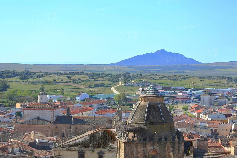 View of Torre del Alfiler tower with white stork and townscape of Trujillo, panoramic view of mountain, summit, landscape, plain, Extremadura, Spain