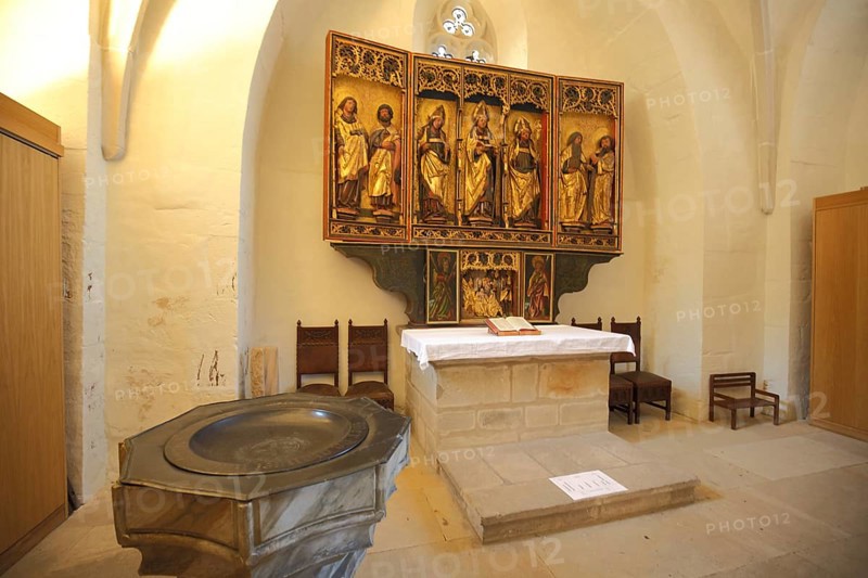 Baptismal font and folding altar, St. Petri Pauli church and baptistery by Martin Luther, handicraft, painting, interior view, Luther city Eisleben, Harz, Saxony-Anhalt, Germany