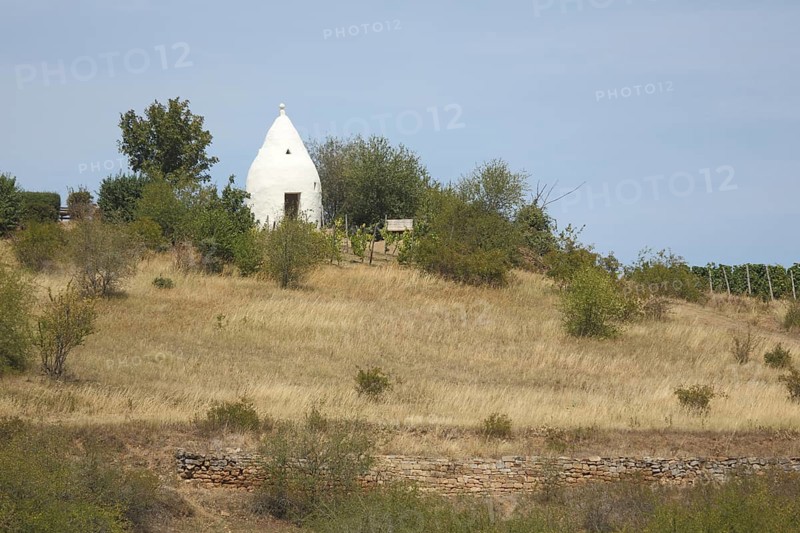 Landscape with trullo, vineyard houses, wine-growing region, wine culture, Flonheim, Rhine-Hesse region, Rhineland-Palatinate, Germany