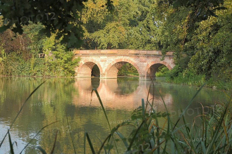 Red bridge, lake, stone arch bridge, forest, landscape, Schönbusch, Aschaffenburg, Lower Franconia, Franconia, Spessart, Bavaria, Germany