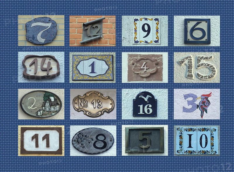 Magic square with 16 numbers, four times 4, ordered house numbers with the same checksum, geometric symmetrical composition, numbers, photo collage, work of art, edge length, page length, series of numbers, columns, lines, logic, arrangement, combination, checksum, math, sum, calculate