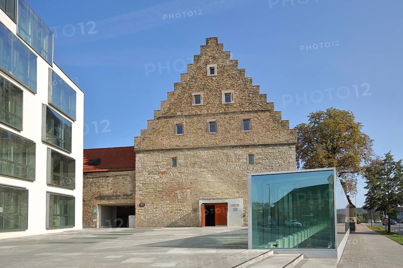Historic Renaissance Ebracher Hof and modern building with glass wall, Schweinfurt, Lower Franconia, Franconia, Bavaria, Germany