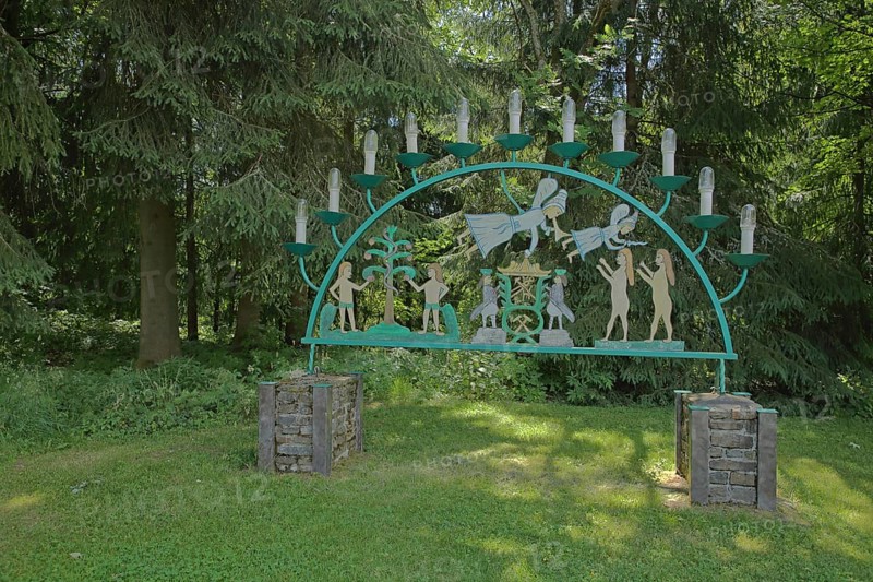 Traditional candle arch with angels and figures, forest, candles, Johanngeorgenstadt, Western Ore Mountains, Ore Mountains, Saxony, Germany