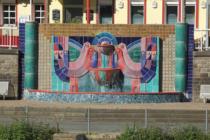 Hundertwasserbrunnen, modern art, Hundertwasser, wall mosaic, fountain, Bad Ems, Rhineland-Palatinate, Germany