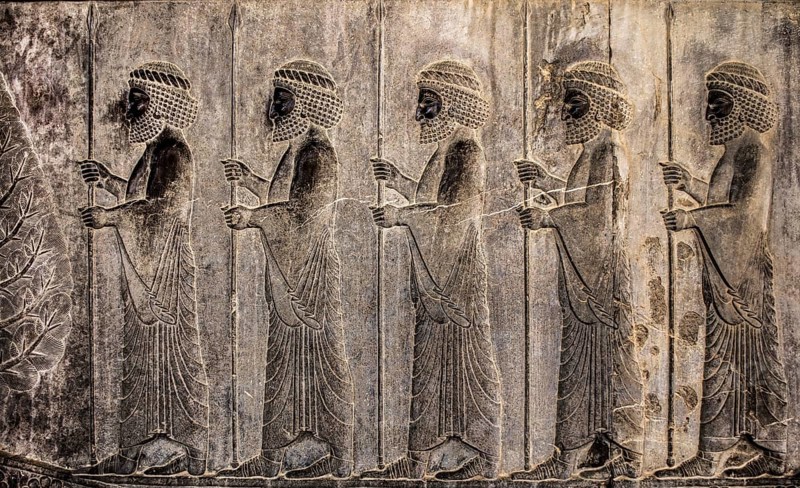 Relief detail of the delegation of peoples bringing gifts to Darius on the stairs of the Apadana Palace, Persepolis
