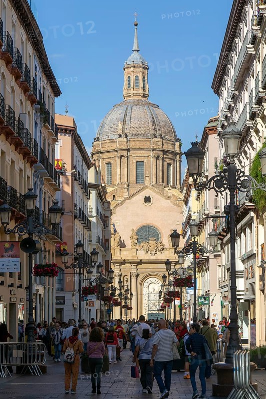 View of Basilica of Our Lady of the Pillar cathedral church from Calle de Alfonso I, Zaragoza, Aragon, Spain