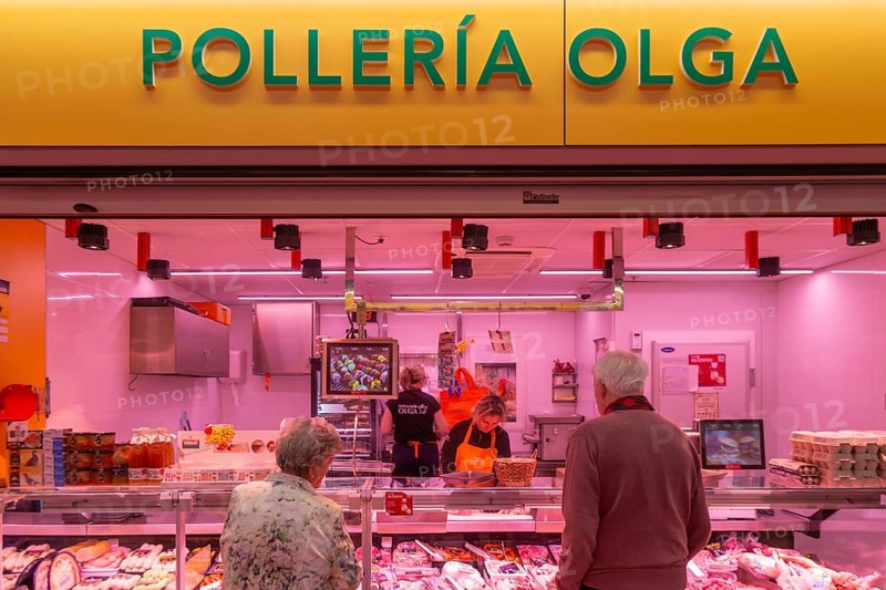 Market stall shop store selling chicken meat products inside Mercado Central de Zaragoza, Zaragoza, Aragon, Spain