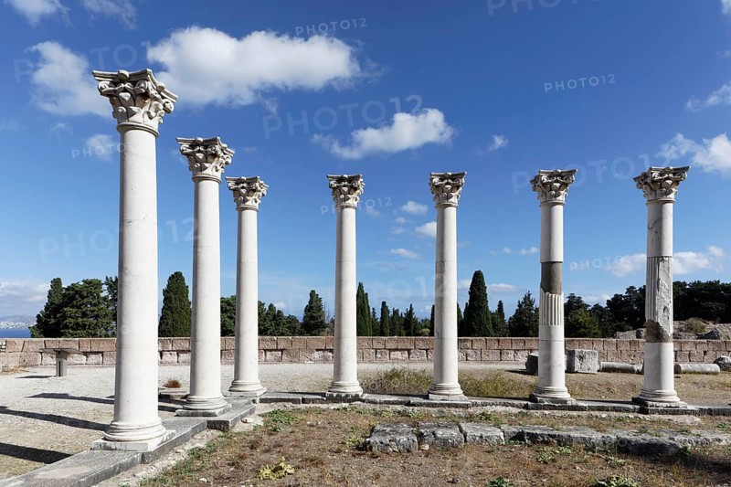 Middle terrace, Apollo temple columns, Asclepieion, Latin Aescupium, three terraces, place of worship of Asclepios, god of healing art, ancient hospital, archaeological excavation 1902-1904, island of Kos, Dodecanese islands, Greece, eastern Adriatic, Mediterranean