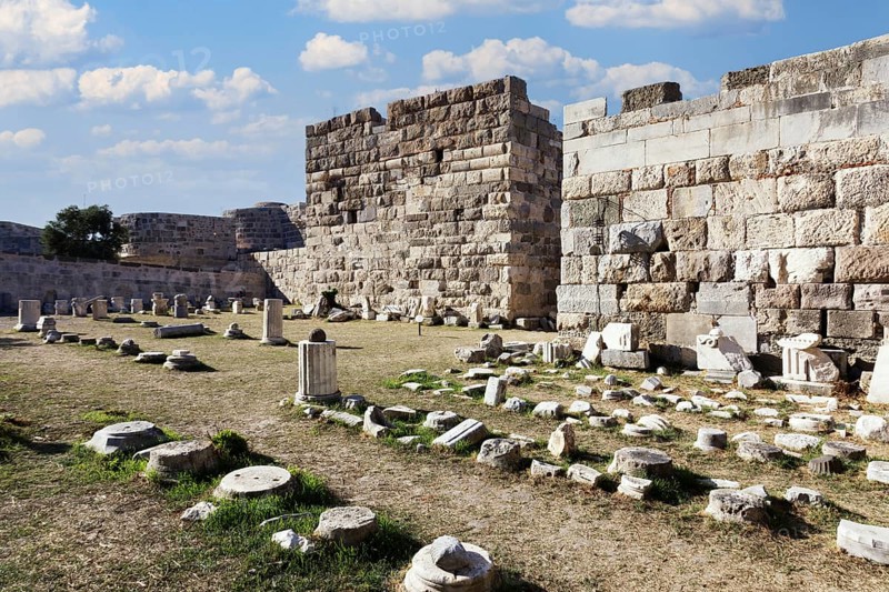 Fragments of columns in the courtyard, inner fortification, bastion, Neratzia fortress, also Nerantzia, castle, first mentioned in 1395, formerly fortress of the Order of St. John, today ruin, city of Kos, island of Kos, Dodecanese islands, Greece, eastern Adriatic, Mediterranean