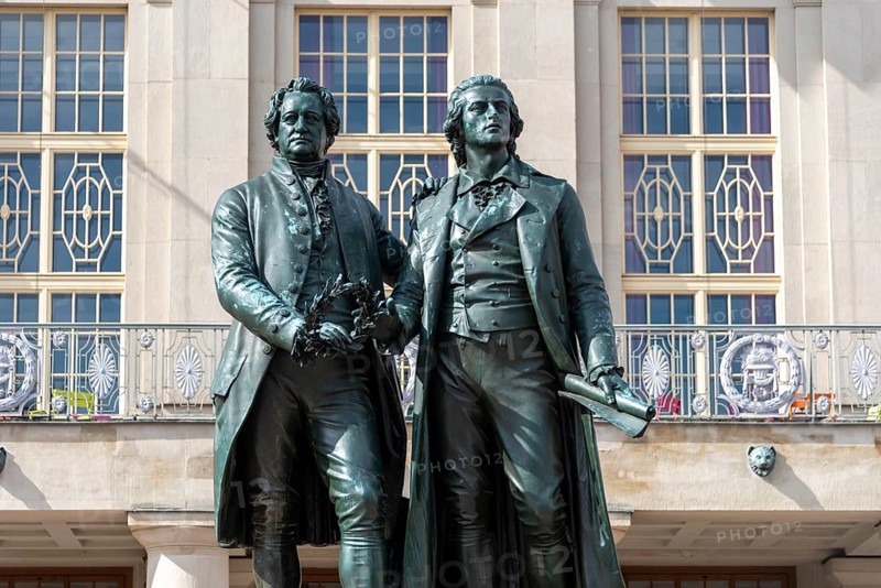 Goethe Schiller Memorial in front of the German National Theatre in Weimar, Thuringia, Germany
