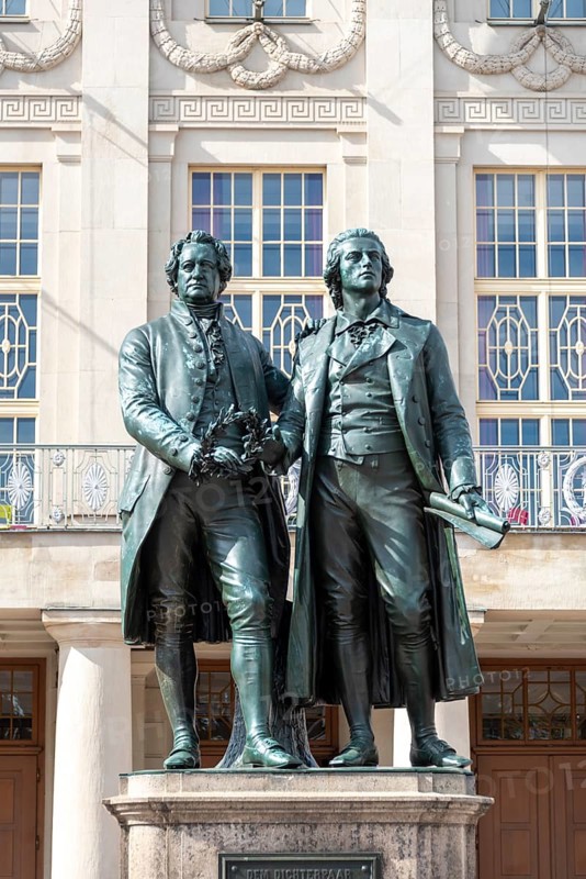 Goethe Schiller Memorial in front of the German National Theatre in Weimar, Thuringia, Germany