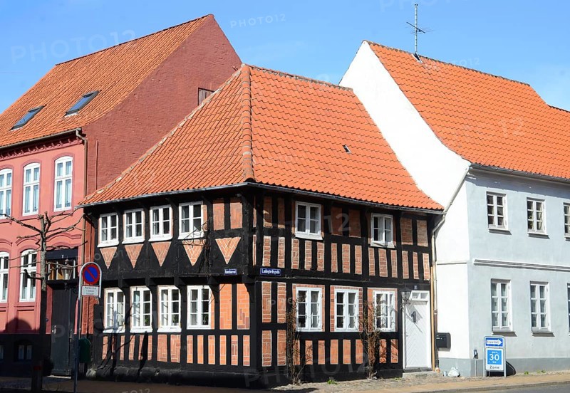 Typical red Danish half-timbered house in Assens, Funen island, Denmark, Scandinavia