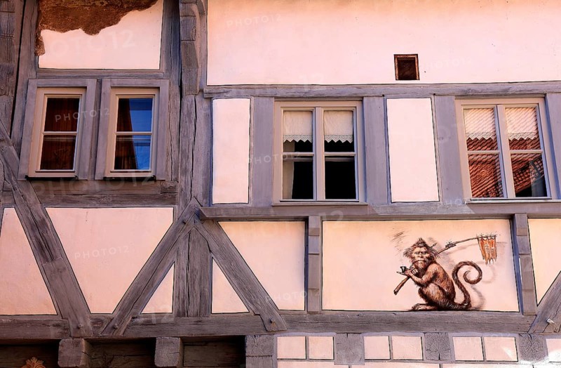 Half-timbered house, historic façade of the house, No. 1, city of Heideck in the district of Roth, Middle Franconia, Bavaria, Germany