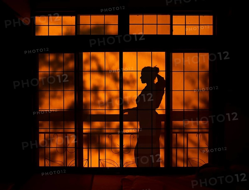 Shadows of a woman in kimono, on the balcony behind sliding shoji doors in a traditional Japanese house, Yamanouchi, Nagano, Japan