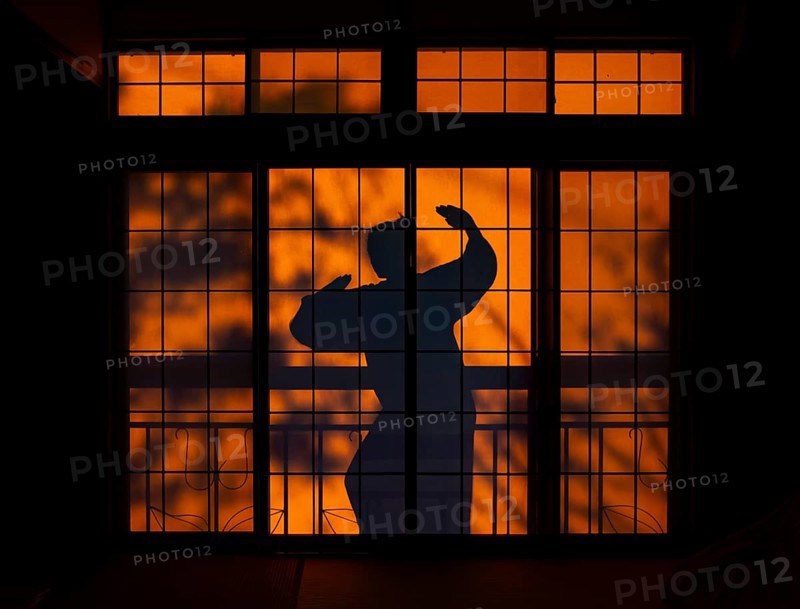 Shadows of a woman in kimono, on the balcony behind sliding shoji doors in a traditional Japanese house, ninja, Yamanouchi, Nagano, Japan