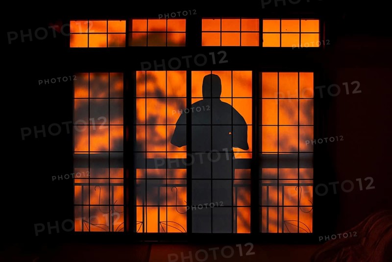 Shadows of a man in kimono, on the balcony behind sliding shoji doors in a traditional Japanese house, Yamanouchi, Nagano, Japan