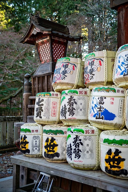Colorful sake barrels at Shinto Shrine, Kitaguchi-hongu Fuji Sengen Shrine, Shinto Shrine in the Forest, Fujiyoshida, Yamanashi Prefecture, Japan