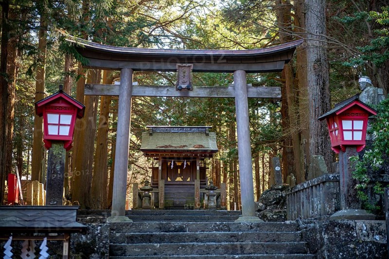 Torii and buildings at Shinto Shrine, Kitaguchi-hongu Fuji Sengen Shrine, Shinto Shrine in the Forest, Fujiyoshida, Yamanashi Prefecture, Japan
