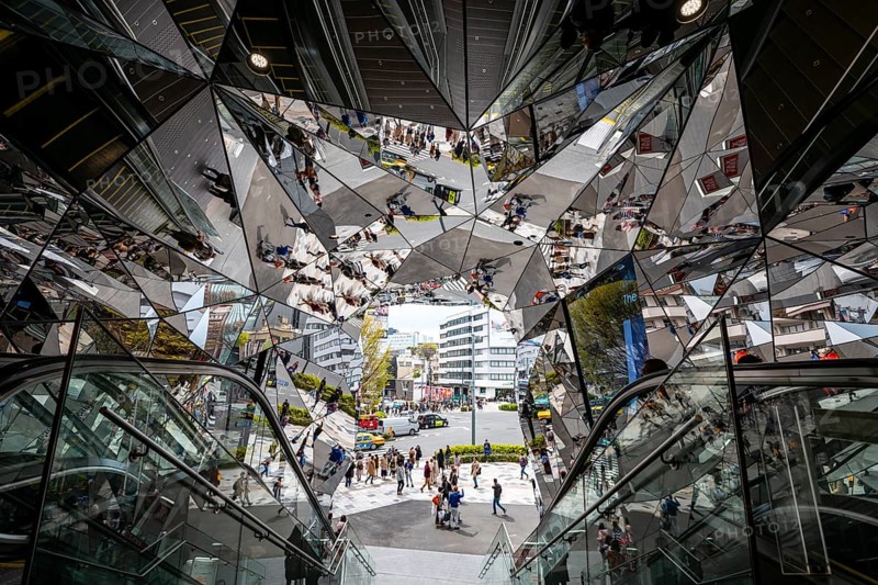Staircase, entrance to a shopping center with many mirrors, Tokyu Plaza Omotesando Harajuku, modern architecture, Tokyo, Japan