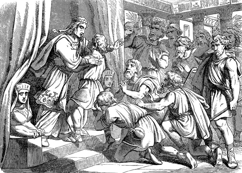 Joseph reveals himself to his brothers and lets his father come to Egypt, First Book of Genesis, chapter 45, sell, grieve, angry, brothers, goodbye, pharaoh, God, kneel down, group, Old Testament, Bible, historical illustration 1877