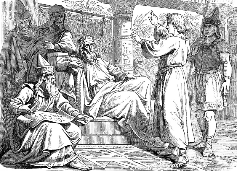 Joseph interprets the pharaoh's dreams, first book of Genesis, chapter 41, Nile, fat cows, grazing, seven ugly and skinny cows, eating, seven full ears of corn, throne, priest, watchmen, pillars, Old Testament, Bible, historical illustration 1877