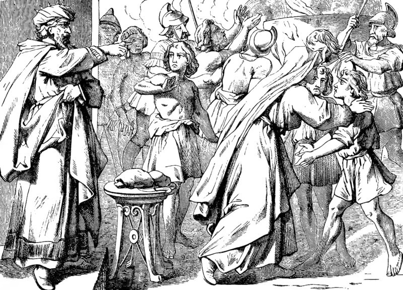 Martyrdom of the mother and her seven sons, orders of the angry king, Second Book of Maccabees, chapter 7, seven brothers, death, martyr, captive, king, pork, eating, prohibition, tongue, cutting off, hands and feet, mutilation, torture, cruelty, resurrecting, eternal life, crowd, table, Old Testament, Bible, historical illustration 1877