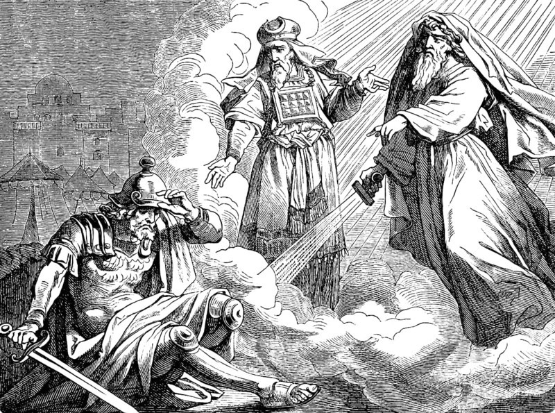 The face of Judas Maccabee, Second Book of Maccabees, chapter 15, High Priest Onias, gift of God, Prophet Jeremiah, golden sword, beating enemies, cloud, tents, holy, Old Testament, Bible, historical illustration 1877