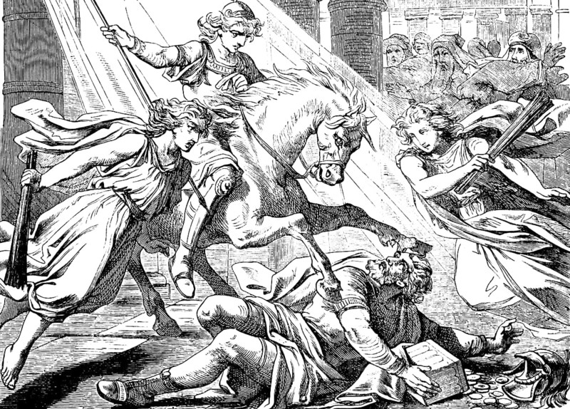 Heliodorus wants to plunder the temple treasure, Second Book of Maccabees, chapter 3, Heliodorus, temple, treasure, steal, gold, silver, box, fall, plan, fear, horse, rider, knock over, golden armour, powerlessness, battle, horror, Old Testament, Bible, historical illustration 1877