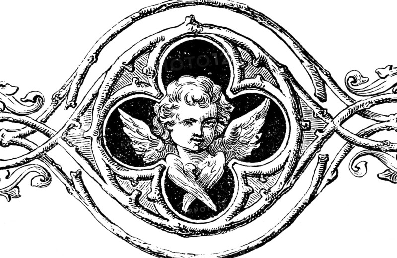 Symbolic picture for the chapter The Prayer of Manasseh King Jude, Old Testament, Angel, Face, Wings, Doves, Circles, Ornamentation, Bible, Historical Illustration 1877
