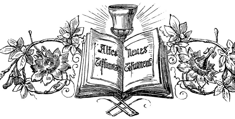 Symbolic picture with inscription to the chapter The Prayer of Manasseh King Jude, Old and New Testament, floral decoration, shiny chalice, Bible, historical illustration 1877