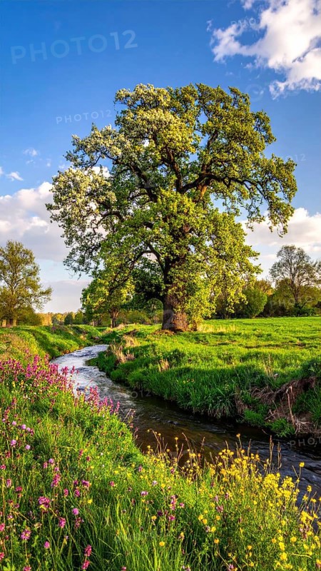 A serene landscape featuring a large tree by a stream at sunset with vibrant green grass and blooming flowers, spring landscape, the oak branch of nature, clear blue sky, idyllic atmosphere with green grass meadow, hills in the calm nature, AI generated