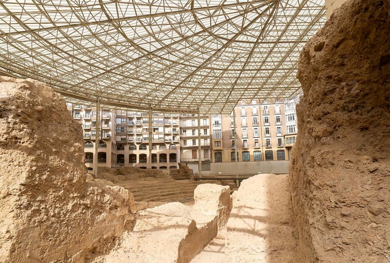 Covered ruins of Roman theatre amphitheatre, Zaragoza, Aragon, Spain
