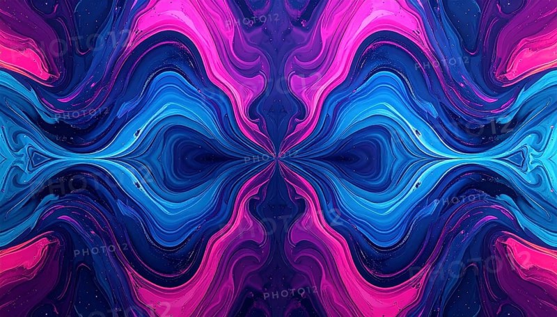 Symmetric Abstract Bright Liquid Ornament Background, futuristic wallpaper template illustration, vibrant blue and green neon hues, AI generated