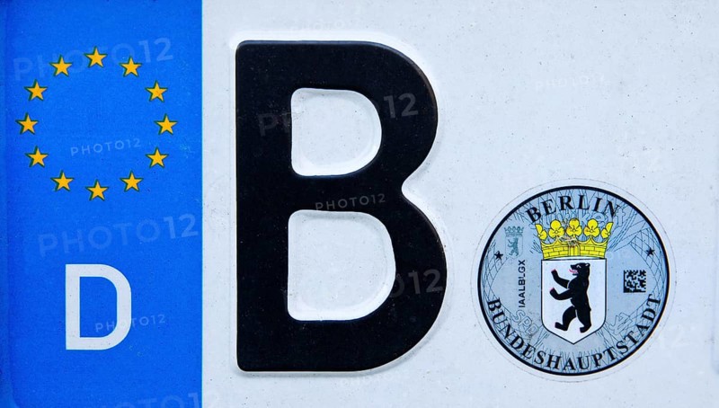 Car number plate with the letter B for Berlin, Federal Capital, Germany