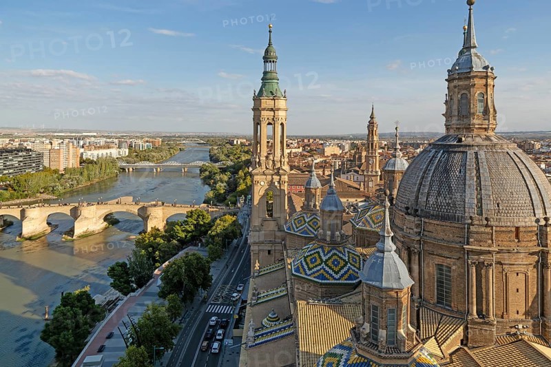 Rooftops of cathedral church Basilica of Our Lady of the Pillar, city centre of Zaragoza, Aragon, Spain