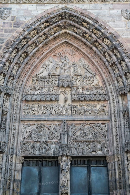Relief over the entrance portal, west façade, St. Lorenz church, Gothic, old town, Nuremberg, Middle Franconia, Franconia, Bavaria, Germany