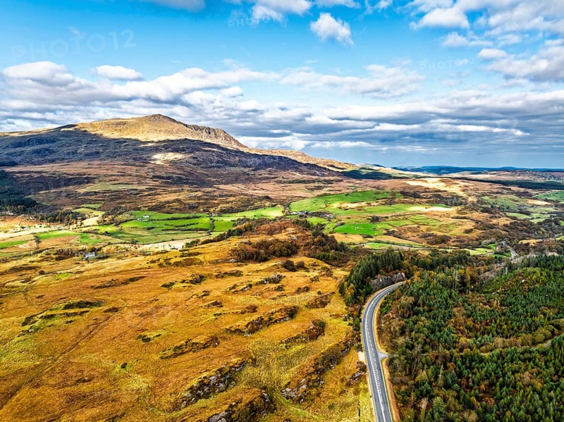 Snowdonia National Park over Road A470 from a drone, Crimea Pass, Blaenau Dolwyddelan, Wales, England, United Kingdom