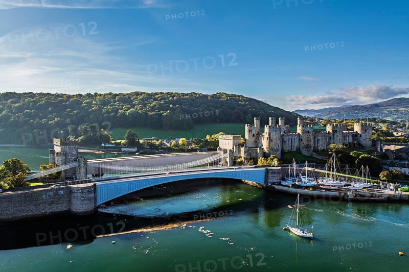 Conwy Castle over River Convy from a drone, Convy, North Wales, England, United Kingdom