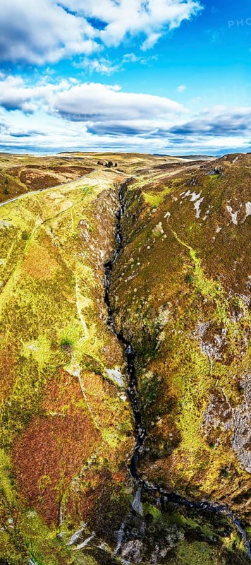 Cwm Cynfal Waterfalls on River Afon Cynfal from a drone, Llan Ffestiniog, Road B4391, Gwynedd, Snowdonia, Eryri, Wales, England, United Kingdom