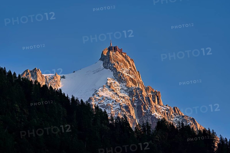 Snowy Aiguille du Midi in the evening light, Mont-Blanc, Chamonix-Mont-Blanc, Haute-Savoie, France