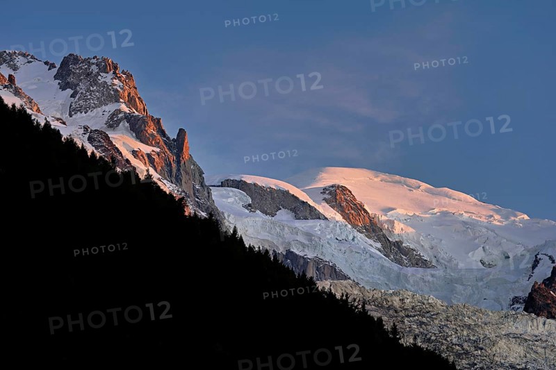 Snow-covered Mont-Blanc in the light of the setting sun, Chamonix-Mont-Blanc, Haute-Savoie, France