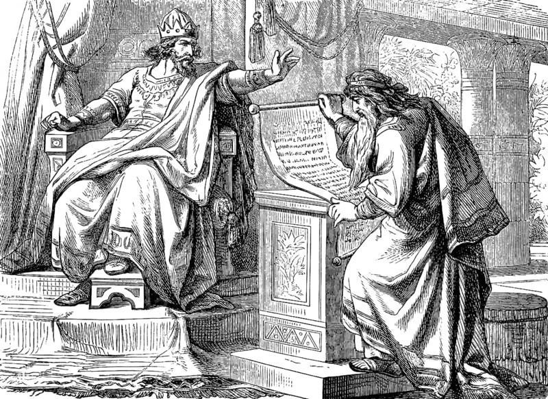 Shaphan the Scribe reads out the found legal role to the pious King Josiah (639-609 BC), Second Book of Chronicles, Chapter 34, Throne, Hall, Pillars, Curtain, Scroll, Laws, Tear, Clothes, Israel, Grimm, Rage, Word, Old Testament, Bible, historical illustration 1877