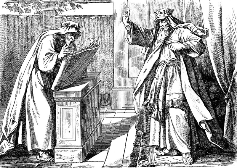 King Josiah hears the word of the Lord from the rediscovered law book, Second Book of Kings, chapter 19, room, Saphan the Scribe, Hilkia the Priest, book, scroll, God, Old Testament, Bible, historical illustration 1877