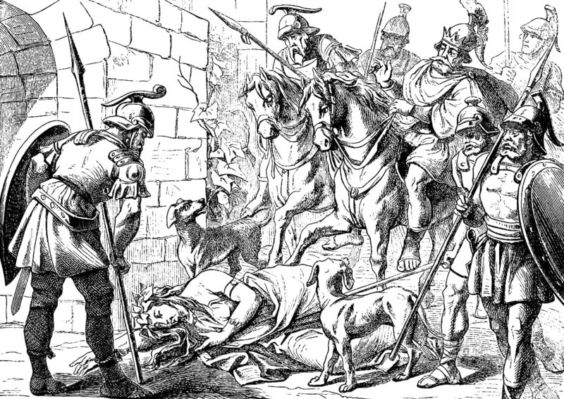 Jezebel falls down, is kicked and dies, Second Book of Kings, chapter 9, city gate, rider, soldier, king, armor, spear, shields, murder, dogs, mercilessly, field, tread, Old Testament, Bible, historical illustration 1877